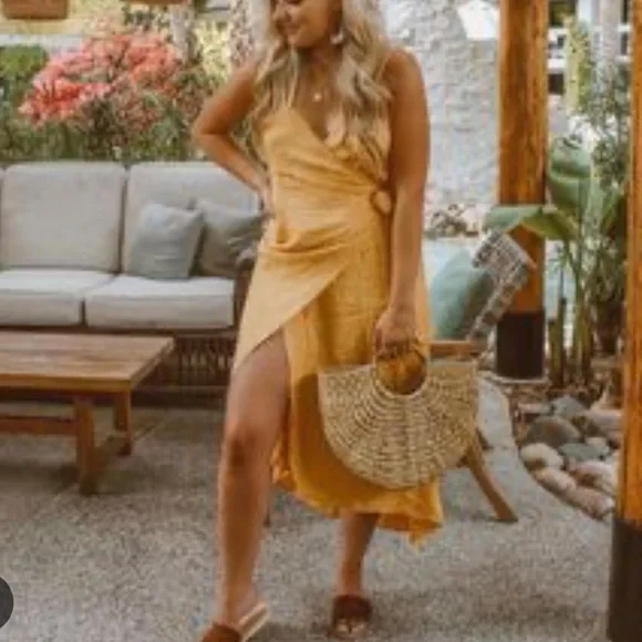 Saltwater Luxe Dresses | Saltwater Luxe Halsey Floral Embroidered Wrap Midi Dress Medium | Color: Gold/Yellow | Size: M | Lulubellz73's Closet